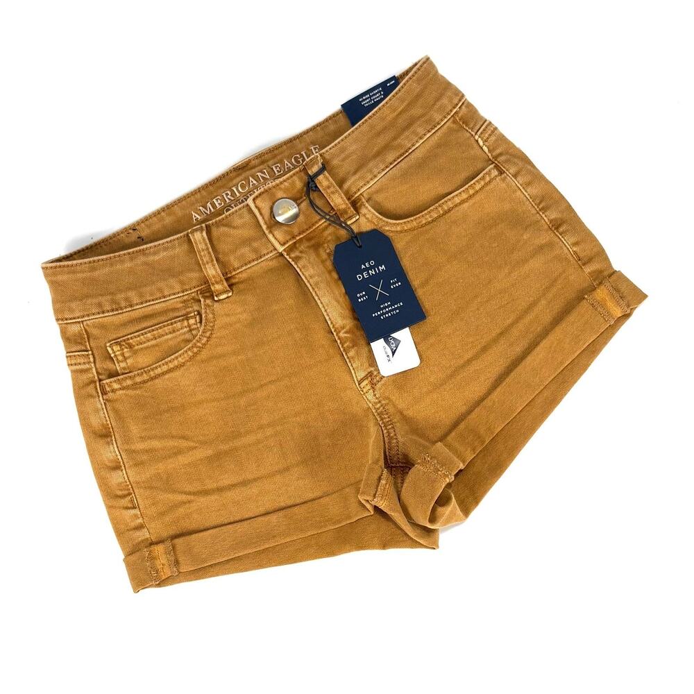 American Eagle Hi-Rise Shortie Mustard Tan Denim Shorts Womens 4 Super Stretch